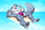  abs absurd_res anthro big_muscles bulge canid canine canis eyewear freddy_(dislyte) hi_res looking_at_viewer male mammal muscular muscular_anthro muscular_male nipples pecs seyrmo solo sunglasses tongue tongue_out water wolf 