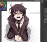  1boy akinashi_haru art_program_in_frame black_hair black_jacket closed_eyes collared_shirt commentary cum cum_on_body english_commentary facial from_above jacket kneeling male_focus necktie open_clothes open_jacket open_mouth pants peanut_mouth romaji_text saihate_eki shirt short_hair sidelocks sketch solo spot_color suit_jacket teeth tosteurmori upper_teeth_only white_shirt yaoi 