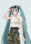  1girl alternate_costume aqua_eyes aqua_hair aqua_nails arm_up bare_arms belt black_belt blush breasts camouflage camouflage_pants closed_mouth collarbone commentary cowboy_shot dot_nose eyewear_on_head grey_background h4sh1rnoto hair_ornament hatsune_miku headset highres long_hair looking_at_viewer nail_polish pants salute shirt shirt_tucked_in short_sleeves sidelocks simple_background smile solo sunglasses t-shirt twintails very_long_hair vocaloid white_shirt 