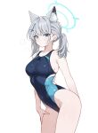  1girl absurdres animal_ear_fluff animal_ears black_one-piece_swimsuit blue_archive blue_eyes breasts chinese_commentary commentary_request competition_swimsuit covered_navel cross cross_hair_ornament extra_ears grey_hair hair_ornament highleg highleg_one-piece_swimsuit highres inverted_cross looking_at_viewer low_ponytail medium_breasts medium_hair multicolored_swimsuit official_alternate_costume one-piece_swimsuit ponytail shiroko_(blue_archive) shiroko_(swimsuit)_(blue_archive) simple_background solo swimsuit white_background wolf_ears xingyun_fankic 