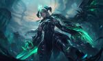  1girl bare_shoulders blurry blurry_background claws cloud crown detached_collar detached_sleeves dragon dragon_girl dragon_horns dragon_tail glint glowing green_eyes highres horns jeremy_anninos knight league_of_legends legs_apart long_hair looking_at_viewer looking_down official_alternate_costume official_art outdoors pointy_ears ruined_shyvana scales shadow shyvana slit_pupils solo standing tail white_hair 
