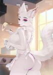 anthro apron batter big_butt biped blue_eyes breasts butt clothed clothing detailed_background dolce_vita domestic_cat eyelashes felid feline felis female fur hi_res inner_ear_fluff inside kitchen looking_at_viewer looking_back mammal nonbinary_(lore) pupils purple_clothing purple_thong purple_underwear refegi smile solo thong tuft underwear white_body white_fur