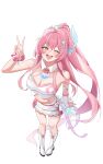  1girl absurdres aemeath_(wuthering_waves) ahoge bare_shoulders boots breasts cleavage commentary full_body hand_up highres long_hair medium_breasts official_alternate_costume one_eye_closed open_mouth orange_eyes pink_hair ponytail skirt smile solo standing star-shaped_pupils star_(symbol) symbol-shaped_pupils v white_boots white_skirt wudumm wuthering_waves 