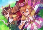  2girls aiguillette animal_ears armor ascot blush breasts brown_hair buttons cape commentary_request crown double-breasted earrings epaulettes fingerless_gloves gloves gold_corset green_jacket green_skirt hair_between_eyes highres horse_ears horse_girl horse_tail jacket jewelry long_hair long_sleeves medal medium_breasts mini_crown multicolored_hair multiple_girls open_mouth orange_hair orange_tail pink_cape pink_crown purple_eyes red_cape running shirt short_hair shoulder_armor side_cape single_earring single_epaulette single_fingerless_glove skirt smile sorako_(trombone-sora) streaked_hair symboli_rudolf_(emperor's_path)_(umamusume) symboli_rudolf_(umamusume) t.m._opera_o_(o_sole_suo!)_(umamusume) t.m._opera_o_(umamusume) tail textless_version two-tone_skirt umamusume white_gloves white_hair white_shirt 