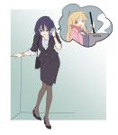  2girls absurdres apron bag black_jacket black_pantyhose black_shoes black_skirt blonde_hair blue_hair bracelet brown_eyes cellphone cho_kaguya-hime! commentary_request cooking green_eyes grey_apron highres holding holding_phone jacket jewelry jingulbi kaguya_(cho_kaguya-hime!) long_hair medium_hair mole mole_under_eye multiple_girls office_lady open_mouth pantyhose phone pink_shirt sakayori_iroha shirt shoes shoulder_bag skirt smartphone watch white_shirt wristwatch 