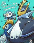  bird blue_background blue_eyes commentary_request dated empoleon evolutionary_line flapping highres looking_at_viewer penguin piplup pokemon pokemon_(creature) pokemon_day pokemon_focus prinplup yabase_bazi 