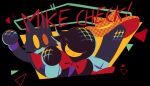  1other 2boys animal_costume animal_ears arm_up behind_another ben-day_dots black_border border bow bowtie cat_costume cat_ears cat_mike_(deltarune) character_name commentary cowboy_hat cowboy_hat_mike deltarune english_commentary fafameow foreground_text gloves green_pippins grey_gloves grin hand_up hat heterochromia highres holding holding_microphone irregular_border limited_palette lineup mascot_costume microphone multiple_boys no_eyes no_lineart no_mouth official_style outside_border pippins_(deltarune) red_bow red_bowtie screentones shadowguy_(deltarune) small_mike_(deltarune) smile solid_eyes source_quote tongue tongue_out triangle upper_body utdr_(toby_fox) yellow_background yellow_eyes zapper_(deltarune) 