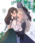  2girls black_bow black_hair black_hat blush bow brown_eyes closed_eyes commentary_request cowboy_shot crying curtained_hair dress dress_bow english_commentary english_text fluffy_hair glass_no_kamen green_skirt grey_hair hand_on_another's_arm hand_on_another's_back hand_on_another's_cheek hand_on_another's_face hand_up happy_tears hat highres himekawa_ayumi jewelry kitajima_maya laura_(wisteriamemory_) layered_skirt long_hair long_sleeves looking_at_another mixed-language_commentary multiple_girls outdoors parted_lips purple_dress raised_inner_eyebrows ring shirt side_part skirt smile standing straight_hair streaming_tears sun_hat suspender_skirt suspenders tears two-tone_dress white_shirt yuri 