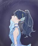  1girl blue_dress blue_ribbon commentary dress from_side hair_ribbon high_ponytail icy_(love_live!) looking_up love_live! love_live!_hasu_no_sora_jogakuin_school_idol_club mole mole_on_neck murano_sayaka night ponytail red_ribbon ribbon single_bare_shoulder single_sleeve solo song_name star_hairband subayuu_(my5hadtv1abyku9) upper_body virtual_youtuber 