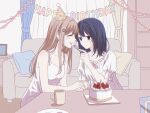  2girls absurdres adachi_sakura adachi_to_shimamura artist_request black_hair blue_eyes blush brown_hair cake chinese_commentary closed_eyes coffee_mug commentary_request couch cup cushion dress feeding food fork fruit happy_birthday hat highres holding holding_fork holding_hands indoors long_hair medium_hair mug multiple_girls open_mouth party_hat second-party_source shimamura_hougetsu smile strawberry white_dress yuri 