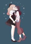  2girls ankle_socks aqua_background arm_at_side black_bow black_shoes black_skirt blonde_hair blush bodice bow brown_hair cable_knit closed_eyes commentary_request couple earrings english_commentary fluffy_hair frilled_sleeves frills from_side full_body glass_no_kamen hair_bow heart heart_earrings high-waist_pants high_heels highres himekawa_ayumi holding_hands jewelry kiss kitajima_maya large_bow laura_(wisteriamemory_) long_hair long_sleeves looking_at_another mixed-language_commentary multiple_girls pants pink_pants pink_shoes pleated_skirt profile shirt shoes short_sleeves simple_background skirt socks sparkle standing straight_hair wavy_hair white_shirt white_socks wide_sleeves yuri 