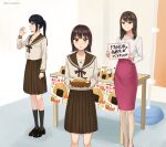 3girls black_hair black_shoes black_socks brown_eyes brown_hair brown_ribbon brown_sailor_collar brown_skirt commentary_request commission food highres holding holding_sign kneehighs legs loafers long_hair long_sleeves medium_hair multiple_girls office_lady onigiri original pencil_skirt pink_skirt pixiv_commission pleated_skirt ponytail ribbon sailor_collar school_uniform serafuku setu_kurokawa shirt shoes short_hair sidelocks sign skirt socks standing table variant_set white_shirt 