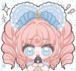  ! !! 1girl absurdres bare_arms blue_bonnet blue_bow blue_collar blue_dress blue_eyes bonnet bow chibi chinese_commentary classic_lolita collar commentary_request curly_hair detached_collar doll dress drill_hair eyelashes eyes_visible_through_hair frilled_headwear frilled_sleeves frills grid_background hair_bow hair_ornament happy heart-shaped_bonnet highres holding holding_doll infinity_nikki light_blush lolita_fashion long_hair looking_at_viewer musical_note musical_note_hair_ornament nape_braid nikki_(series) open_mouth orange_hair puffy_short_sleeves puffy_sleeves rc1231 short_sleeves single_hair_intake smile solo sparkle straight-on tareme timeless_melody_(infinity_nikki) two_side_up upper_body white_background x_(symbol) 