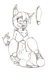  anthro bandanna bracelet breasts canid canine canis chaoshetra clothing coyote cyote duo ear_piercing exclamation_point female female_prey footwear hi_res jackal jewelry kerchief male male/female male_pred mammal piercing riko shoes sneakers sneakers_only vore 