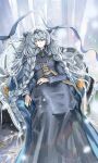  1millcha absurdly_long_hair absurdres animal_ear_fluff animal_ears arknights armchair bead_necklace beads bell belt blue_cloak blue_shawl braid braided_sidelocks chair cloak dress front_braid grey_hair highres jewelry long_dress long_hair medallion multiple_belts necklace official_alternate_costume pramanix_(arknights) pramanix_the_prerita_(arknights) shawl side_braids sidelocks silverash_family_(arknights) sitting sleeping snow_leopard_ears snow_leopard_girl tiara tibetan_clothes twin_braids very_long_hair 