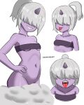 4:5 anthro clothing cloud covered_nipples dazzi_(pal) female flat_chested hair hair_over_eyes hand_on_hip hi_res horn humanoid looking_at_viewer navel open_mouth pal_(species) palworld pocketpair purple_body sadxkingart simple_background smile smiling_at_viewer smug solo topwear white_hair