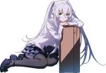  1girl absurdres alternate_costume alternate_hairstyle altina_orion bag black_shoes black_thighhighs blue_skirt briefcase brown_bag eiyuu_densetsu green_eyes grey_hair hair_between_eyes highres looking_at_viewer madou_zakura sen_no_kiseki_(series) sen_no_kiseki_iii shirt shoes simple_background sitting skirt solo thighhighs twintails white_background white_shirt 