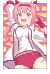  1girl absurdres animal_ears arm_up blush bow breasts buruma character_name clenched_hands commentary_request ear_bow ear_covers fingerless_gloves flower-shaped_pupils flower_in_eye gloves haru_urara_(bestest_prize)_(umamusume) haru_urara_(umamusume) headband highres horse_ears horse_girl jacket long_hair medium_breasts mikoto000813 open_mouth pink_buruma pink_hair pink_headband ponytail red_buruma red_gloves red_headband shirt smile solo symbol-shaped_pupils symbol_in_eye umamusume white_jacket white_shirt 