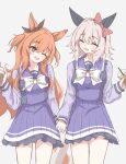  2girls animal_ears blush bow bowtie breasts brown_ribbon closed_eyes commentary cup curren_chan_(umamusume) disposable_cup drinking_straw ear_bow ear_covers ear_ribbon grey_hair hair_between_eyes highres holding holding_cup holding_hands horse_ears horse_girl horse_tail large_breasts long_hair long_sleeves mayano_top_gun_(umamusume) multiple_girls one_eye_closed open_mouth orange_eyes orange_hair orange_tail pleated_skirt purple_sailor_collar purple_serafuku purple_shirt purple_skirt red_bow ribbon sailor_collar sailor_shirt school_uniform serafuku shirt short_hair simple_background skirt small_breasts smile tail tofu_thunder tracen_school_uniform two_side_up umamusume white_bow white_bowtie 