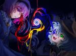  2girls aqua_hair black_hairband black_hat blood blood_drip blue_background blue_shirt bow buttons chromatic_aberration collared_shirt commentary contrast_collar crazy crazy_smile diamond_button disembodied_eye downturned_eyes expressionless eyelashes frilled_shirt_collar frills green_eyes guro hairband hat hat_bow heart_button komeiji_koishi komeiji_satori long_sleeves messy_hair multiple_girls one-eyed open_mouth otogisum3 parted_lips pink_hair purple_eyes ribbon-trimmed_shirt ribbon_trim shirt short_hair siblings sisters sleeves_past_fingers sleeves_past_wrists smile spirit sun_hat teeth touhou untranslatable_commentary upper_body veins vignetting yellow_bow yellow_shirt 