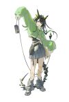  1girl :o absurdres alternate_costume animal_ears arknights bag black_hair black_leg_warmers black_shirt black_shoes blue_skirt cellphone clothing_cutout colored_inner_hair commentary english_commentary full_body green_eyes green_hair green_jacket hand_up highres jacket leg_ribbon leg_warmers looking_at_viewer mon3tr_(arknights) multicolored_hair phone pleated_skirt ribbon shirt shoes side_cutout simple_background skirt sleeves_past_fingers sleeves_past_wrists solo standing szztzzs tail undershirt white_background 