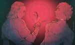  2boys astarion baldur's_gate baldur's_gate_3 cazador_szarr collar dungeons_&amp;_dragons eye_contact highres holding holding_leash leash looking_at_another medium_hair miracide multiple_boys muscular muscular_male red_light short_hair yaoi 