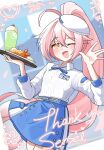  1girl absurdres ahoge blue_archive blue_skirt blush commentary_request crossed_bangs fang food hair_between_eyes hat high_ponytail highres holding holding_tray hoshino_(blue_archive) io_2s2 long_hair long_sleeves looking_at_viewer name_tag open_mouth pink_hair ponytail shirt shrimp shrimp_tempura skirt sleeve_cuffs solo tempura tray very_long_hair waitress white_hat white_shirt yellow_eyes 