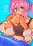  1girl \||/ alternate_hair_length_(shorter) alternate_hairstyle aqua_eyes artist_name aubrey_(faraway)_(omori) aubrey_(omori) bare_shoulders black_tank_top blue_background blue_hairband blue_pants bow_hairband breasts burger cheese closed_mouth commentary cowboy_shot denim double-parted_bangs drop_shadow eating english_commentary fingernails food hair_between_eyes hairband halftone halftone_background hands_up heart highres holding holding_burger holding_food jacket jacket_partially_removed jeans knee_up long_sleeves midriff navel omori open_clothes open_jacket orange_sailor_collar osulan pants pink_hair puffy_long_sleeves puffy_sleeves sailor_collar saturated short_hair sidelocks simple_background sitting small_breasts solo tank_top tareme twintails twitter_username v-shaped_eyebrows white_jacket 