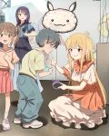  1boy 3girls absurdres ahoge black_hair blonde_hair blue_pants blue_shirt blue_skirt breasts brown_eyes brown_hair brown_shirt character_balloon child cho_kaguya-hime! commentary_request fushi_(cho_kaguya-hime!) green_eyes highres jingulbi kaguya_(cho_kaguya-hime!) long_hair medium_breasts medium_hair multiple_girls open_mouth pants pink_shirt pink_shoes pink_skirt pleated_skirt red_eyes sakayori_iroha shirt shoes short_sleeves skirt socks squatting twintails white_shoes white_socks 