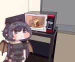  1girl black_eyes black_hair blush chibi commentary_request dragon_girl dragon_horns failure horns instant_cup_noodles instant_noodles kidian_(trickcal) microwave photo-referenced pouch short_hair_with_long_locks solo takumiso torn_clothes trickcal 