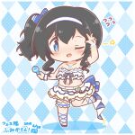  1girl :d ;d argyle_background arm_up bangle bare_shoulders black_hair blue_shoes blush bracelet breasts collarbone colored_shadow commentary_request flying_sweatdrops hairband holding holding_microphone idolmaster idolmaster_cinderella_girls idolmaster_cinderella_girls_starlight_stage jewelry layered_skirt microphone mitarashi_neko navel one_eye_closed ringlets sagisawa_fumika shadow shoes side_ponytail sidelocks skirt small_breasts smile solo standing standing_on_one_leg star_(symbol) translation_request white_hairband white_skirt 