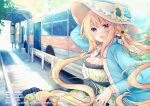  1girl :d arm_up azu_torako bangs banned_artist blonde_hair blue_eyes blue_jacket blush breasts brown_headwear bus bus_stop cleavage commentary_request dress floral_print flower frilled_dress frilled_jacket frilled_sleeves frills ground_vehicle hair_between_eyes hat hat_flower jacket long_hair long_sleeves looking_at_viewer medium_breasts motor_vehicle open_clothes open_jacket original pixiv_id print_dress railing smile solo sun_hat sunflower twitter_username very_long_hair watermark web_address white_dress yellow_flower 