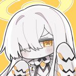  1girl absurdres blue_archive blush chibi colored_skin commentary hair_over_one_eye halo highres konattang long_hair looking_at_viewer malkuth_(blue_archive) one_eye_closed simple_background sleeves_past_fingers sleeves_past_wrists solo symbol-shaped_pupils untranslatable_commentary white_hair white_skin wide_sleeves x-shaped_pupils yellow_background yellow_eyes yellow_halo 
