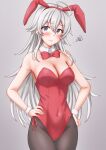  1girl ahoge alternate_costume animal_ear_hairband animal_ears anti_(untea9) bare_shoulders blush bow bowtie breasts cleavage closed_mouth commentary_request covered_navel cowboy_shot detached_collar fake_animal_ears grey_background grey_eyes grey_hair hairband hands_on_own_hips highres kantai_collection large_breasts leotard long_hair looking_at_viewer pantyhose playboy_bunny rabbit_ear_hairband rabbit_ears red_bow red_bowtie red_leotard simple_background solo strapless strapless_leotard washington_(kancolle) white_wrist_cuffs wrist_cuffs 