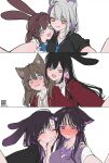  6+girls animal_ears black_hair black_shirt blue_bow blue_bowtie blue_eyes blush bow bowtie brown_hair cat_ears collared_shirt commentary_request ear_piercing grey_neckerchief grey_necktie hand_on_another's_shoulder highres jacket mole mole_under_eye multicolored_hair multiple_girls neckerchief necktie open_mouth original parted_lips piercing pink_eyes puckered_lips purple_bow purple_bowtie purple_eyes purple_streaks purple_sweater_vest rabbit_ears red_jacket school_uniform shirt simple_background smile streaked_hair sweater_vest twintails white_background white_shirt yuri yuuyu_(moco20111115) 