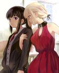  2girls arm_at_side armpits bare_arms bare_shoulders belt black_hair black_jacket black_pants black_ribbon black_suit blonde_hair breasts cleavage closed_mouth collar collarbone collared_shirt commentary_request couch dress grey_vest hair_ribbon hair_up highres holding_another's_arm inoue_takina jacket komari_(komarimiru3) long_dress long_hair long_sleeves looking_at_viewer lycoris_recoil medium_breasts multiple_girls necktie nishikigi_chisato pants purple_eyes red_dress red_eyes red_necktie ribbon shirt short_hair suit suit_jacket vest white_shirt window 