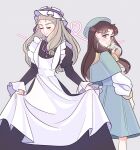  2girls apron arm_at_side beret black_dress blonde_hair blush bonnet bright_pupils brown_eyes brown_hair capelet closed_eyes closed_mouth commentary_request curled_ends dress earrings flower glass_no_kamen green_capelet green_dress green_hat grey_background grin hand_up hat highres himekawa_ayumi holding holding_flower holding_own_dress jewelry juliet_sleeves kitajima_maya laura_(wisteriamemory_) long_dress long_hair long_sleeves looking_to_the_side maid maid_apron multiple_girls pink_lips puffy_sleeves simple_background smile turning_head white_apron white_lily white_pupils white_sleeves yuri 