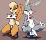 anthro balls bottomwear breasts bugs_bunny bulge camel_toe clothing crop_top crouching duo english_text eyelashes eyeshadow female femboy flat_colors footwear genitals gloves hair handwear justtaylor lagomorph leporid lola_bunny looney_tunes makeup male male/female mammal navel nipple_outline ponytail rabbit shirt shoes shorts simple_background sneakers text topwear under_boob warner_brothers whiskers