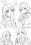  4girls :3 ahoge blazer bloom_garden_party_jacket blush bow bowtie braid camcorder camera carrying ceras_yanagida_lilienfeld closed_mouth collared_shirt commentary_request embarrassed ereka exhausted greyscale half-closed_eyes half_up_braid half_updo hasu_no_sora_school_uniform highres holding holding_camera hood hood_down hooded_jacket jacket kinjo_maika kurumibashi_school_uniform long_hair long_sleeves love_live! love_live!_hasu_no_sora_jogakuin_school_idol_club love_live!_hasu_no_sora_jogakuin_school_idol_club_bloom_garden_party monochrome multiple_girls murano_sayaka open_clothes open_jacket open_mouth peanut_mouth raised_inner_eyebrows reisawa_aoi school_uniform shirt smile squiggle sweatdrop twitter_username video_camera 
