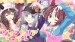  3girls ahoge animal_ears baseball_cap blue_dress blue_eyes blunt_bangs blush braid braided_sidelocks breasts brown_dress brown_eyes brown_hair bubble_tea bucket_hat chrono_genesis_(umamusume) closed_eyes closed_mouth commentary_request covering_own_mouth cropped cup curren_bouquetd'or_(umamusume) cygames disposable_cup dress drinking_straw drinking_straw_in_mouth ears_through_headwear gran_alegria_(umamusume) grey_hair hair_between_eyes hair_ornament hat highres horse_ears horse_girl horse_tail long_braid long_hair long_sleeves looking_at_viewer low_twin_braids medium_hair mismatched_ear_covers multicolored_hair multicolored_shirt multiple_girls official_alternate_costume official_art one_eye_closed open_mouth ribbon shirt sidelocks small_breasts smile spoken_emoji streaked_hair sweatdrop tail traffic_cone twin_braids umamusume v white_ribbon white_shirt white_streaks x_hair_ornament 