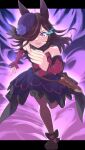  1girl absurdres animal_ears bare_shoulders black_shoes black_thighhighs blue_dress blue_flower blue_hat blue_rose blush brown_hair clenched_teeth commentary_request dagger dress eye_trail flipped_hair flower hair_over_one_eye hat hat_flower highres horse_ears horse_girl knife letterboxed light_trail long_hair long_sleeves looking_at_viewer off-shoulder_dress off_shoulder open_mouth purple_aura purple_eyes radium0727 rice_shower_(rosy_dreams)_(umamusume) rice_shower_(umamusume) rose running sheath sheathed shoes solo sweat teeth thighhighs tilted_headwear umamusume weapon 