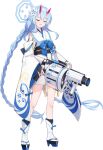  1girl absurdly_long_hair black_bridal_gauntlets black_socks blue_archive blue_bow blue_bowtie blue_hair blue_halo blue_sandals blue_trim blush bow bowtie braid braided_twintails bridal_gauntlets chise_(blue_archive) closed_eyes detached_sleeves flower full_body game_asset grenade_launcher gun hair_flower hair_ornament halo high_heels highres holding holding_gun holding_weapon horns hwansang japanese_clothes kimono large_variant_set layered_legwear long_hair long_sleeves milkor_mgl obi official_art open_mouth pink_horns platform_sandals raised_inner_eyebrows sailor_collar sandals sash short_kimono sidelocks simple_background skin-covered_horns sleeveless sleeveless_kimono socks solo standing tabi tachi-e tassel third-party_source transparent_background twintails u_u variant_set very_long_hair weapon white_flower white_kimono white_sailor_collar white_sleeves white_socks wide_sleeves 