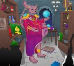 alchemist alchemy anthro barefoot belly belly_expansion big_belly bookshelf bracelet candle clothing crystal detailed_background digitigrade domestic_cat ear_piercing ear_ring expansion fantasy feet felid feline felis fur furniture glowing_crystal gold_trim gradient_fur green_eyes hi_res inside jewelry lamp lantern magenta_clothing magic magic_book magic_user makseqs male mammal margyyn34 max_(margyyn34) navel necklace pendant piercing pink_body pink_fur pink_nose potion pregnant pregnant_anthro pregnant_male purple_body purple_fur rapid_pregnancy ring ring_piercing robe slightly_chubby solo tail thick_thighs whiskers white_eyes wizard_robe