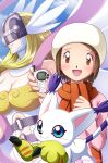  2girls :d angel angel_wings angewomon animal_hands asymmetrical_clothes bare_shoulders belt beret black_belt blonde_hair blue_eyes blue_sky bodysuit boobplate breasts brown_eyes brown_hair cat cleavage closed_mouth clothing_cutout cloud commentary_request covered_eyes cowboy_shot d-3_(digimon) day digimon digimon_(creature) digimon_adventure_02 digivice gloves hagoromo hair_ornament hairclip hat helmet helmet_over_eyes highres hikari_(hikari_no_kobako) large_breasts long_hair long_sleeves looking_at_viewer multiple_girls multiple_wings navel o-ring o-ring_belt official_alternate_costume open_mouth parted_lips paw_gloves pink_sweater profile red_scarf scarf shawl short_hair sidelocks sky smile standing stomach_cutout striped_tail sweater swept_bangs tail tailmon twitter_username whiskers white_bodysuit white_hat winged_helmet wings yagami_hikari 