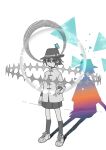  1girl black_skirt black_socks blue_butterfly bow bug butterfly commentary_request hat hat_bow highres long_sleeves looking_to_the_side shards shirt shoes skirt socks solo standing touhou uewtsol usami_renko white_background white_shoes 