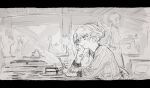  1girl 6+others bandaid cake cake_slice chair closed_mouth commentary_request cup food fork hair_bun hand_on_own_cheek hand_on_own_face holding holding_fork long_sleeves maribel_hearn multiple_others plaid_clothes plate sitting smile solo_focus steaming_cup sweater table touhou uewtsol 