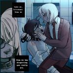  :d absurdres akinashi_haru bathroom bdsm bite_mark black_collar black_hair black_pants bleeding blonde_hair blood blood_on_chest blood_on_shoulder blue_eyes blush breast_pocket brown_cardigan cardigan collar collarbone collared_shirt commentary dress_shirt english_commentary english_text from_side glasses highres holding holding_leash indoors leash long_sleeves male_focus medium_hair necktie off_shoulder open_cardigan open_clothes open_mouth pants parted_bangs parted_lips partially_open_shirt pocket red_eyes red_necktie red_pants saihate_eki shirt short_hair sidelocks sink smile straddling tatsunami_shion teeth tile_wall tiles tongue tongue_out tosteurmori upper_teeth_only white_shirt yaoi 