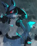  black_fur blue_fur commentary_request hakata_no_kuma highres lucario multicolored_fur outdoors pokemon pokemon_(creature) rain red_eyes solo spikes storm tail white_fur 