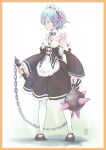  1girl ball_and_chain_(weapon) black_dress black_hairband blue_eyes blue_hair breasts commentary_request detached_collar detached_sleeves dress expressionless full_body hair_ornament hair_over_one_eye hairband highres holding holding_weapon li_(lithium0522) maid medium_dress pink_ribbon re:zero_kara_hajimeru_isekai_seikatsu rem_(re:zero) ribbon roswaal_mansion_maid_uniform short_hair signature small_breasts solo spiked_ball_and_chain weapon x_hair_ornament 