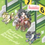  1girl ;) absurdres animalization black_hair black_horse boots bowl broken_chopsticks brown_boots cheng_heguang coat deformed dog-san eating english_text facial_mark food food_in_mouth forehead_mark from_above full_body grass half-split_chopsticks highres holding holding_bowl holding_food horse horseback_riding long_hair looking_at_viewer mole mole_above_eye mule one_eye_closed paper_heron pink_coat pinyin_text plate reed_(reverse:1999) reverse:1999 riding sausage shirt sidesaddle skirt smile solo speech_bubble starting_gate white_shirt yellow_horse yellow_skirt 